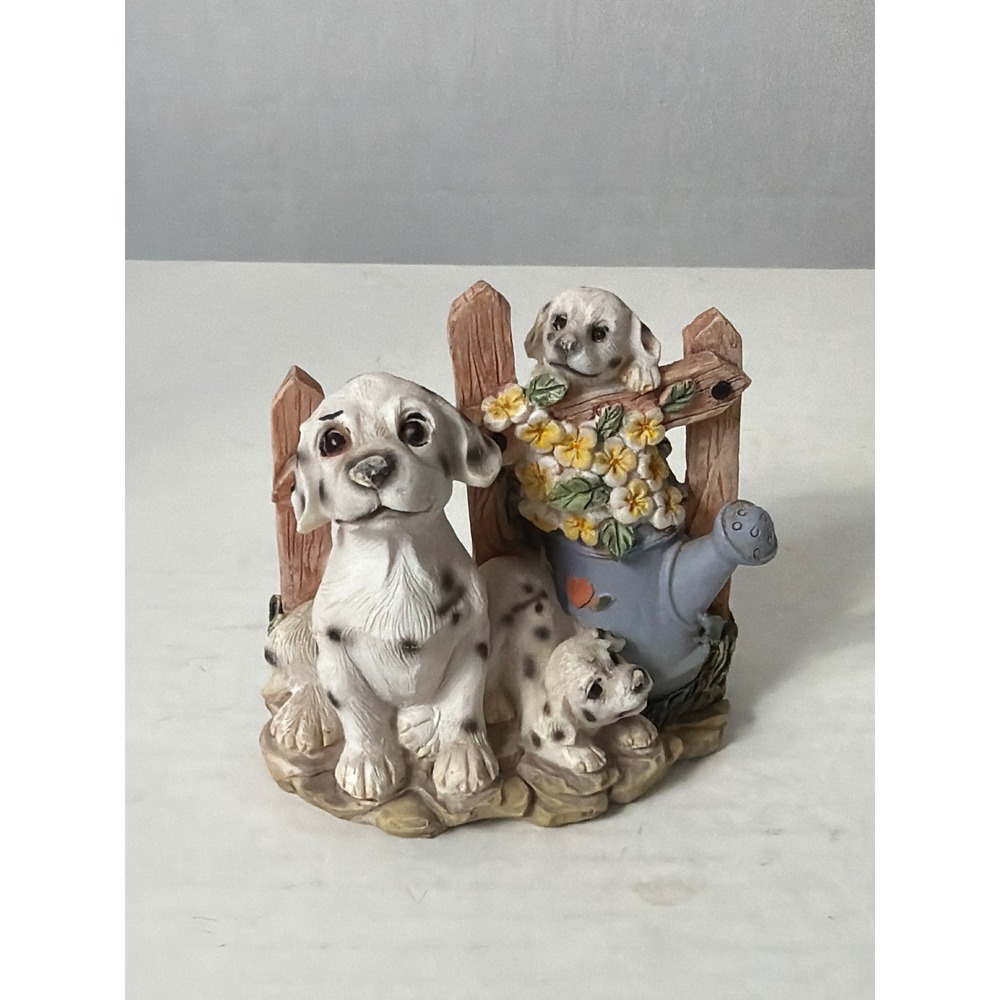 Vintage Dalmatian Puppies Garden Fence Watering Can Resin Figurine Decor